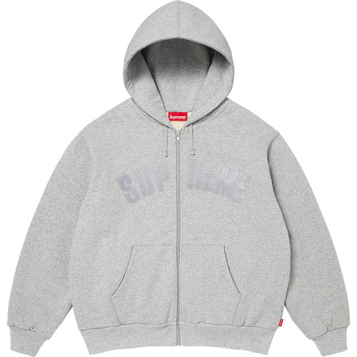 Supreme Arc Thermal zip hoodie in heather grey with a grey applique arc SUPREME logo split by the zip, front view