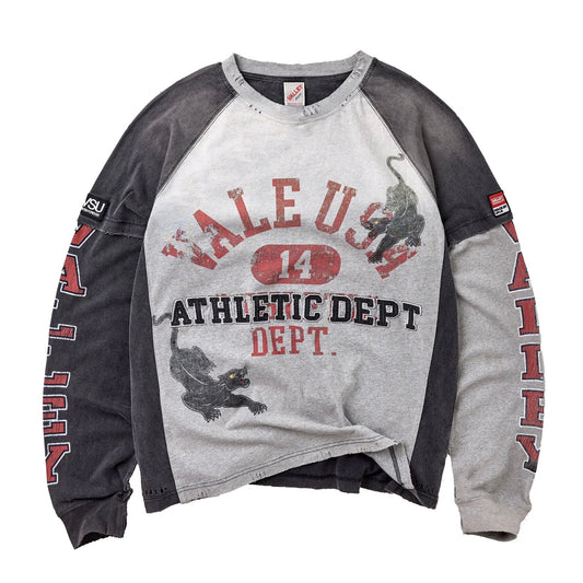 Vale Varsity Long Sleeve front - grey panel with arched VALE USA, a red oval 14 and ATHLETIC DEPT panthers