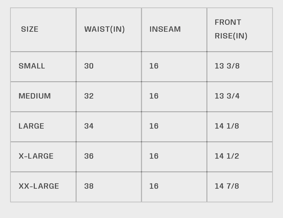 HMDD Yellow Program 3/4 Shorts, size chart with waist, inseam and front rise inches for Small through XX-Large