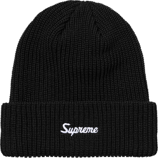 Black chunky loose gauge ribbed beanie with white Supreme script on the cuff