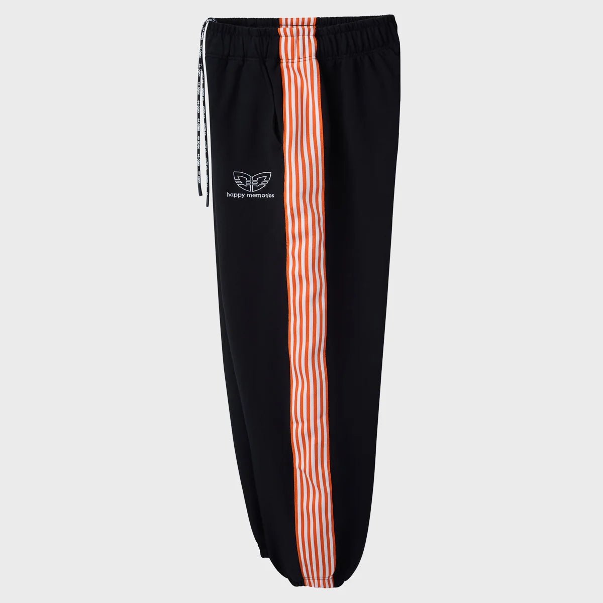 Side view of black sweatpants showing the full-length orange and white leg stripe