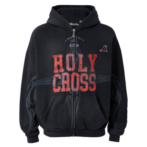 Hellstar Black Holy Cross Zip Hoodie, black full-zip hoodie with red HOLY CROSS lettering and faded tonal flames