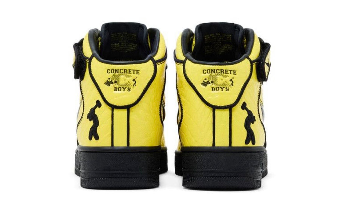 Nike Air Force 1 Mid Lil Yachty Concrete Boys Opti Yellow, rear view of the pair with the Concrete Boys heel graphic