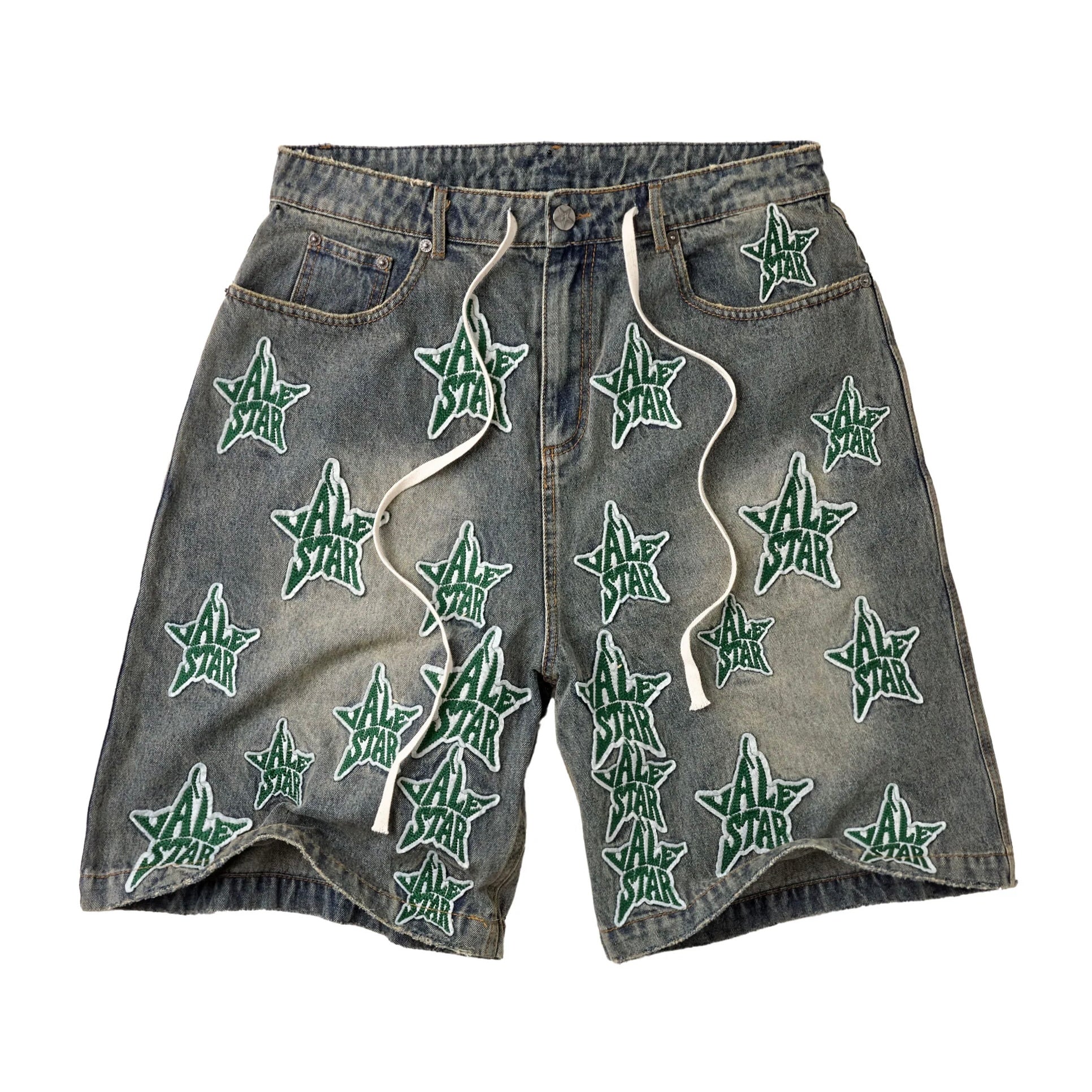 Vale Allstar Jorts, washed grey-green denim jorts with green chenille star patches scattered over both legs and a drawcord