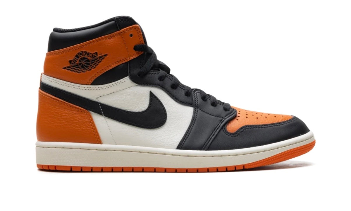 Air Jordan 1 High Shattered Backboard, medial side profile with black collar and orange heel