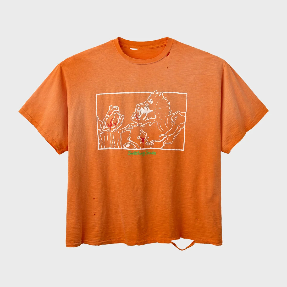 HMDD Soul Snatcher tee in faded orange with a white line-art illustration in a box and green script, front view