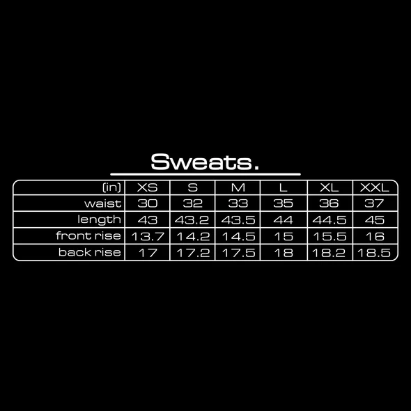 GV Gallery CEO Sweats size chart — black brand card with waist, length, front rise and back rise in inches