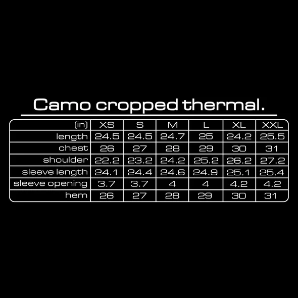 Camo cropped thermal size chart with length, chest, shoulder and sleeve specs