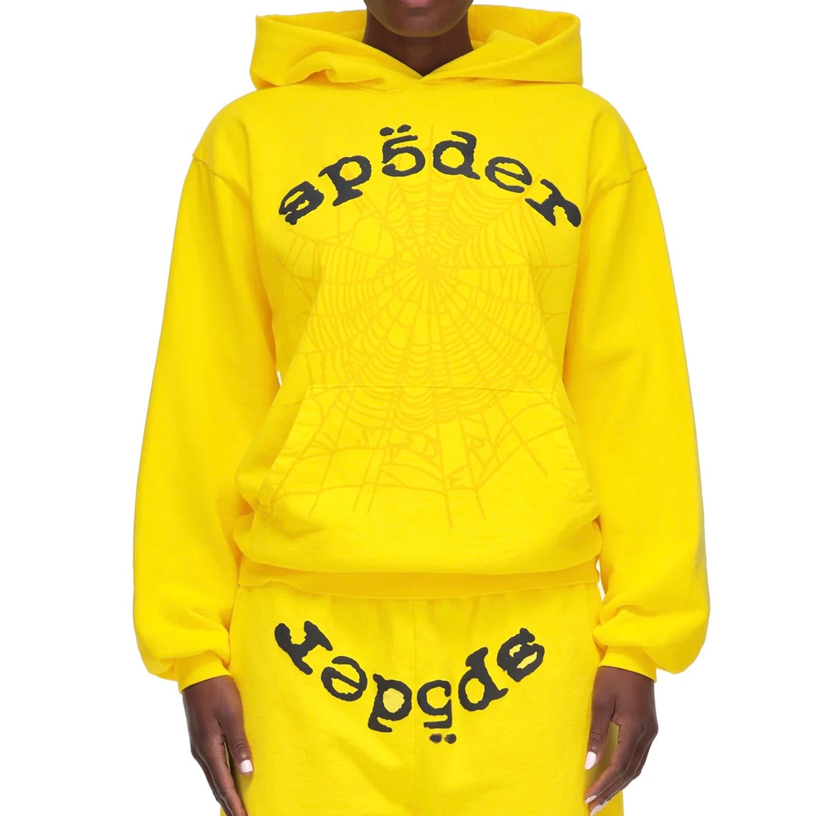 Sp5der Yellow Black Legacy Hoodie On Body Front Female