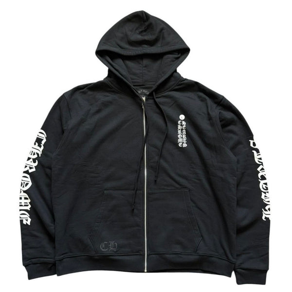 Chrome Hearts Vertical Logo Thermal Lined Zip Hoodie, black full-zip hoodie with white gothic lettering down each sleeve