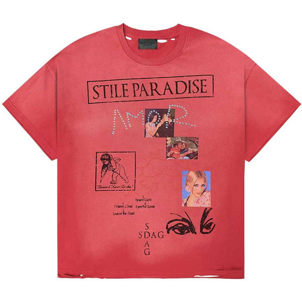 Stile De Amor Red Stile Paradise T-Shirt, faded red tee with boxed STILE PARADISE text, photo collage panels and stacked SDAG letters