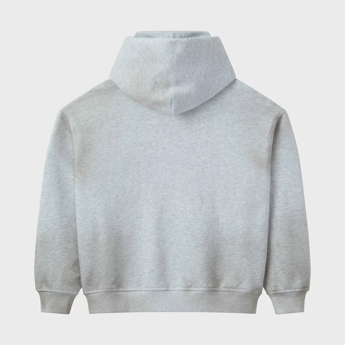 HMDD Griffin Hoodie back view in plain heather grey with ribbed cuffs and hem