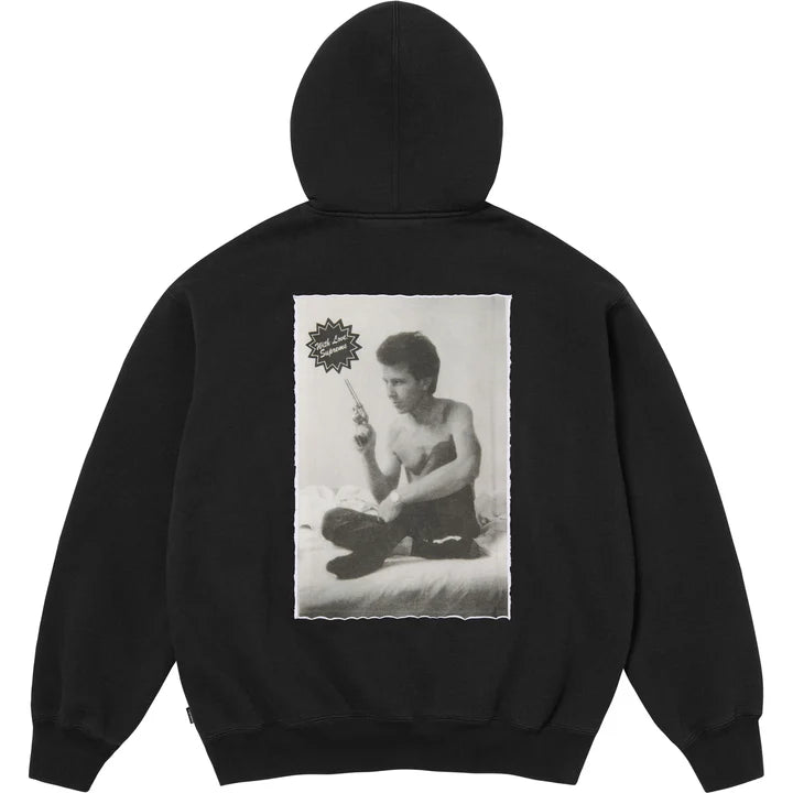 Supreme Larry Clark Black Zip Hoodie back view with the black and white photo print and starburst badge