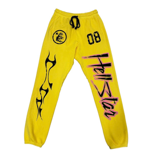 Hellstar Yellow Racer Sweatpants front with black 08 and seal and pink script down the leg