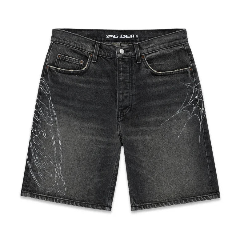 Sp5der Black Wash Script Denim Shorts