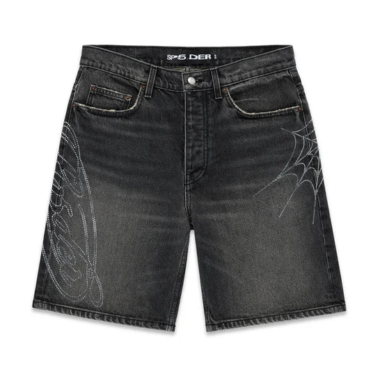 Sp5der Black Wash Script Denim Shorts