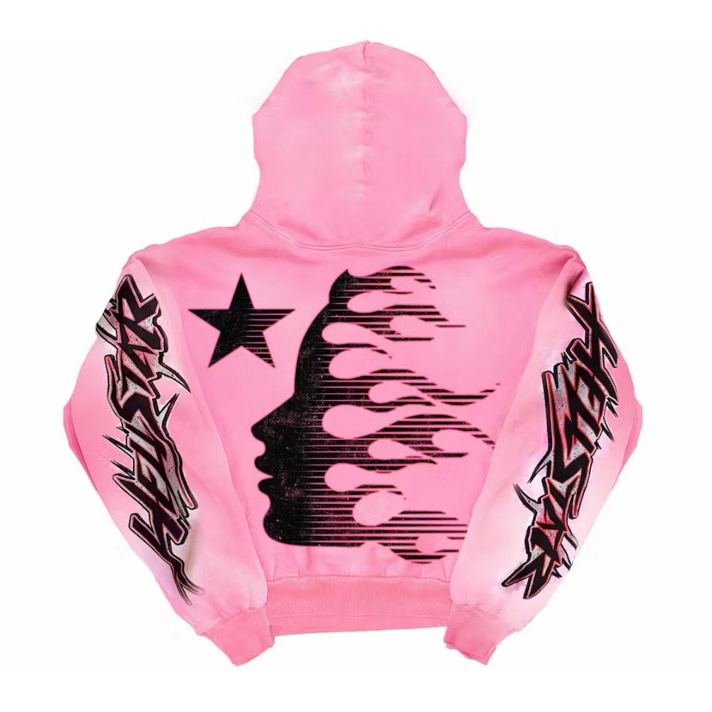 Hellstar Pink Brainwashed Hoodie back with a black star and flame-trailing face silhouette