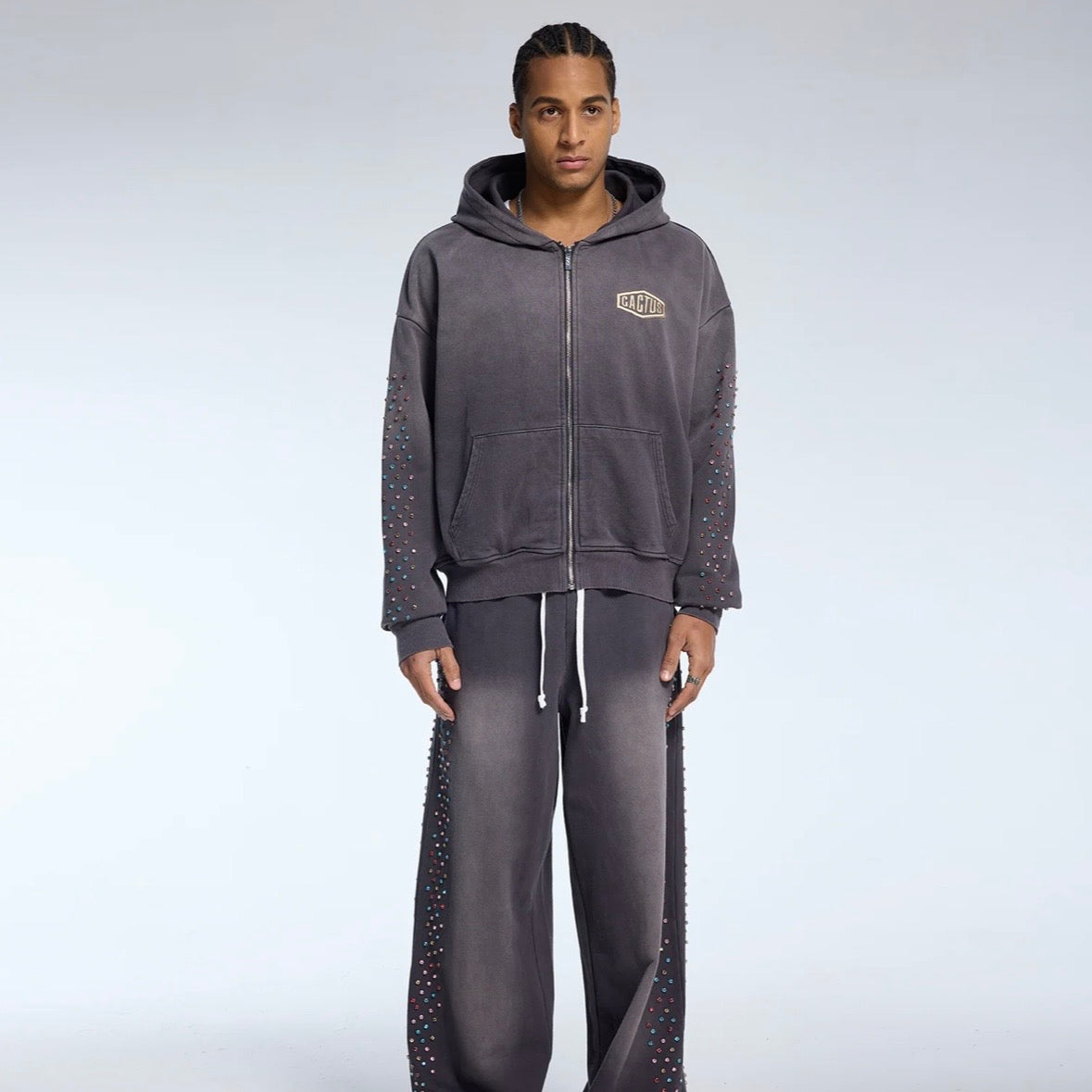 AZVA Vintage Black Crystal Cactus Zip Hoodie