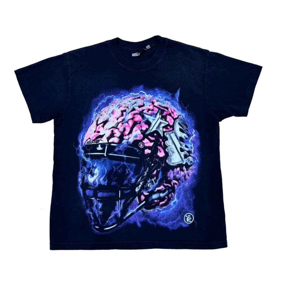 Hellstar Black Powered By The Star Tee front with chrome flaming helmet airbrush art