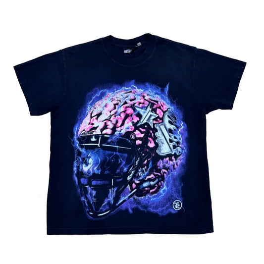 Hellstar Black Powered By The Star Tee front with chrome flaming helmet airbrush art