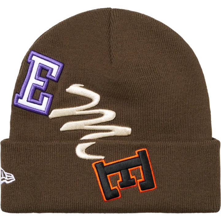 Supreme Brown New Era Arc Beanie angled view showing purple, cream and orange-outlined arc letters