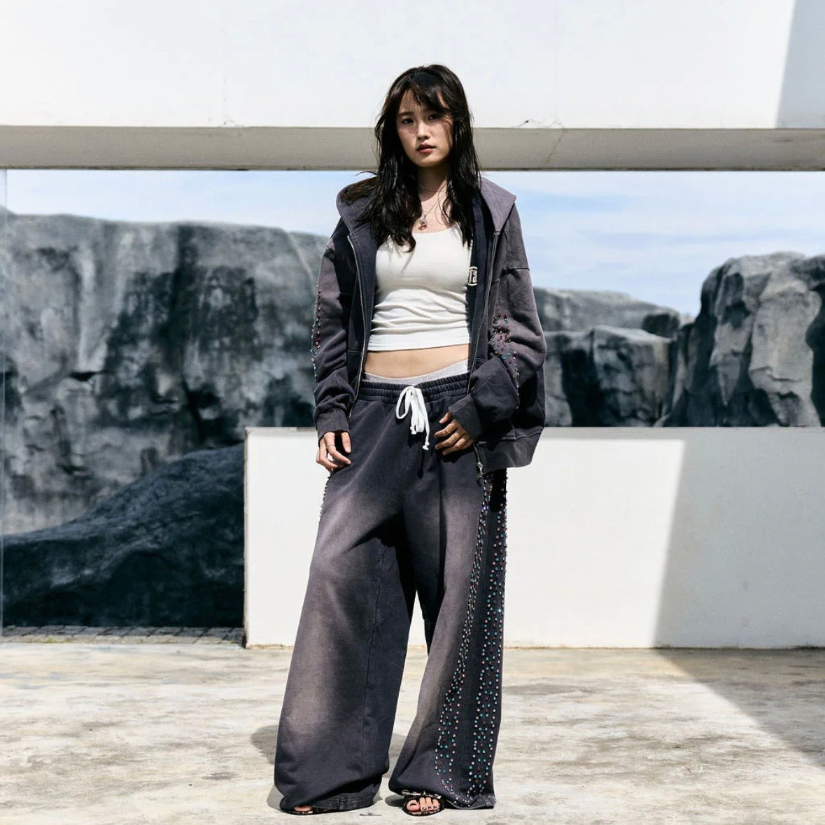 AZVA Vintage Black Crystal Cactus Zip Hoodie