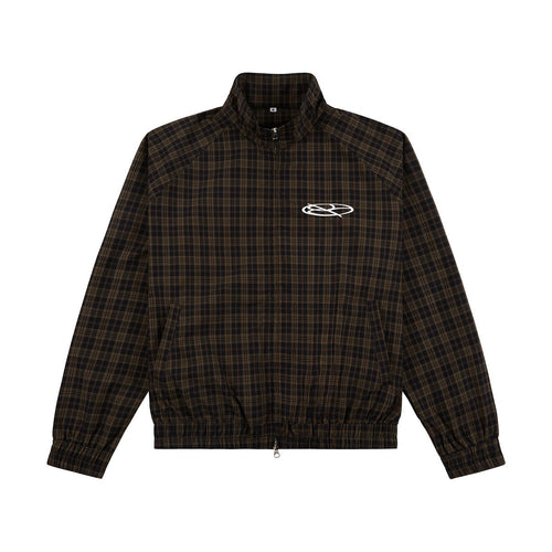 Boredom Kills Black Brown Plaid Track Jacket front flat-lay — full-zip plaid jacket with an embroidered chest oval