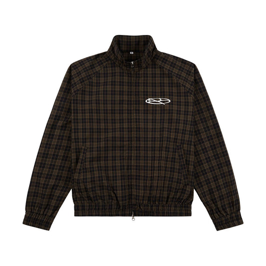 Boredom Kills Black Brown Plaid Track Jacket front flat-lay — full-zip plaid jacket with an embroidered chest oval