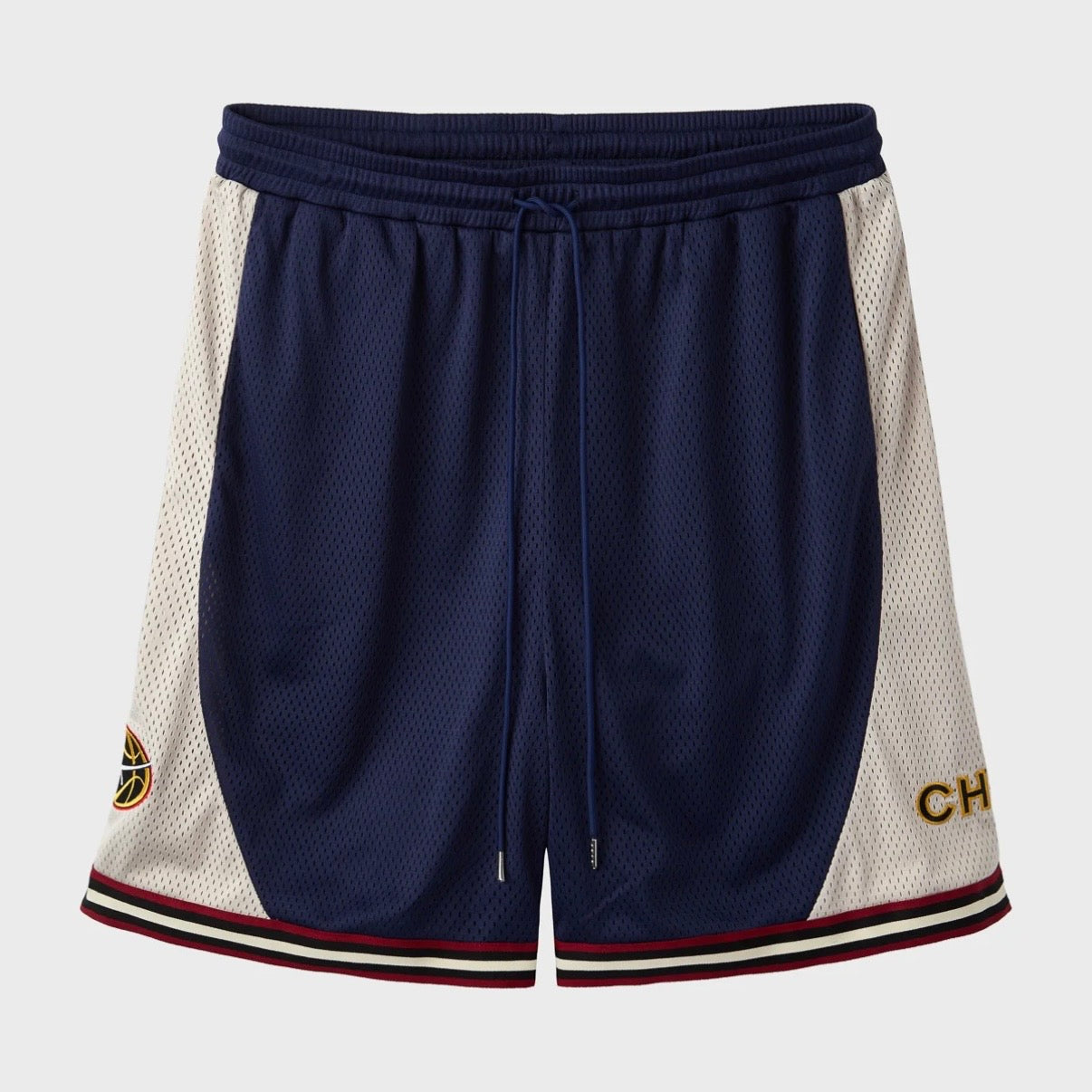 HMDD UE Basketball Shorts, navy and cream mesh basketball shorts with maroon and gold hem stripes and a drawcord waist