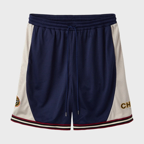 HMDD UE Basketball Shorts, navy and cream mesh basketball shorts with maroon and gold hem stripes and a drawcord waist