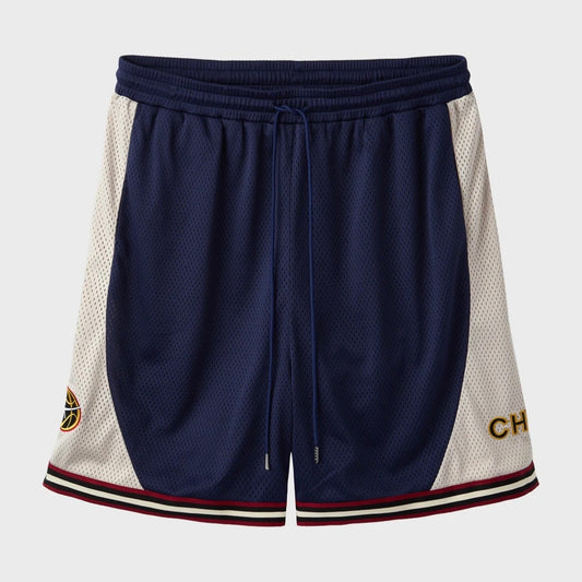 HMDD UE Basketball Shorts, navy and cream mesh basketball shorts with maroon and gold hem stripes and a drawcord waist