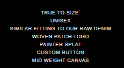 GV Gallery Painter Jeans spec card — black text card listing the mid-weight canvas, woven patch logo and button