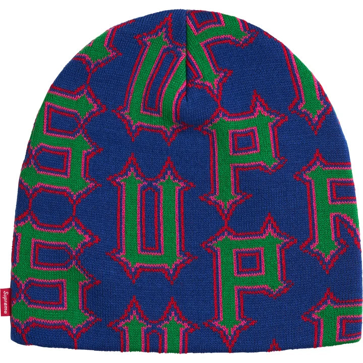 Other side of the royal blue Supreme Spike beanie with green spiked letter knit