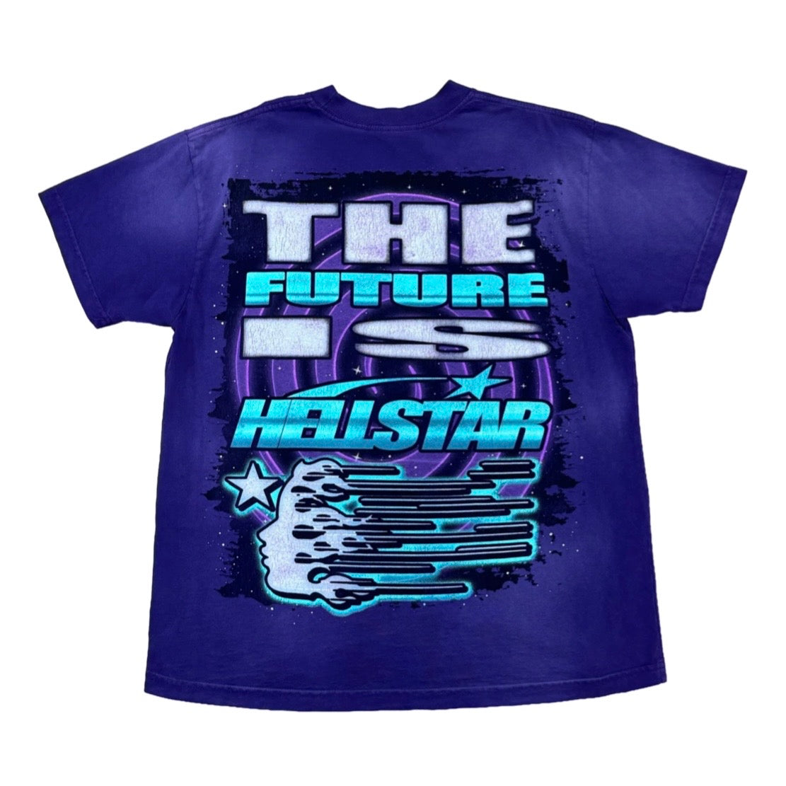 Hellstar Purple Goggles Tee back with The Future Is Hellstar in cyan and chrome lettering