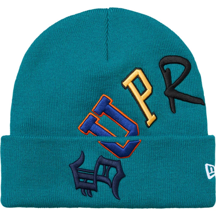 Supreme Teal New Era Arc Beanie front view with blue, yellow and black arc letters and New Era cuff flag