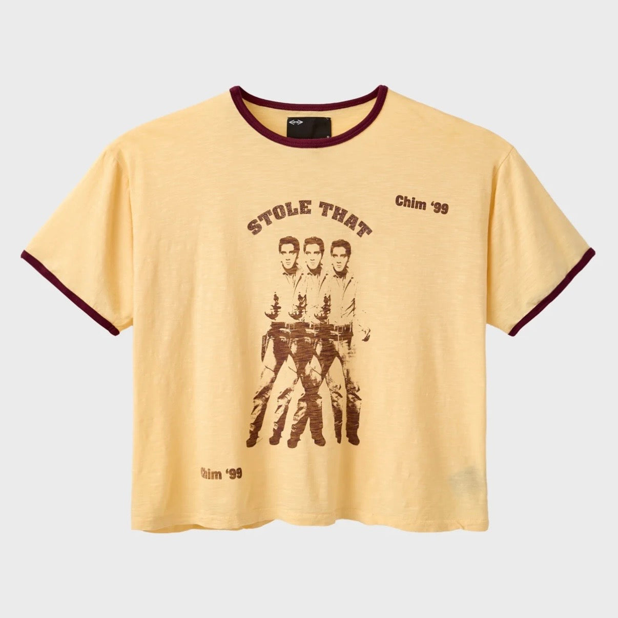 HMDD Stole That T-Shirt, yellow ringer tee with burgundy collar and cuffs and a brown print of three figures