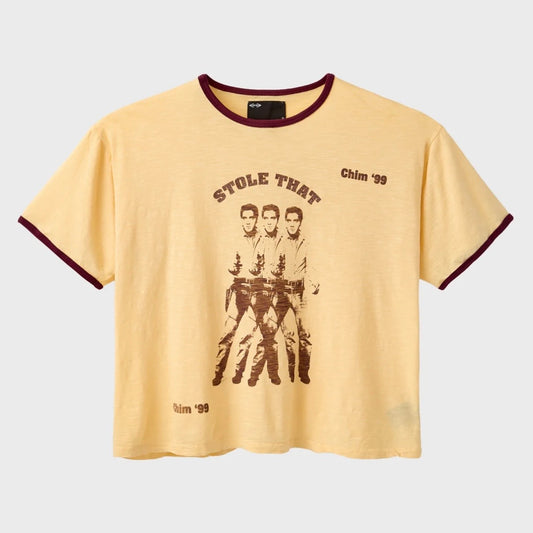 HMDD Stole That T-Shirt, yellow ringer tee with burgundy collar and cuffs and a brown print of three figures