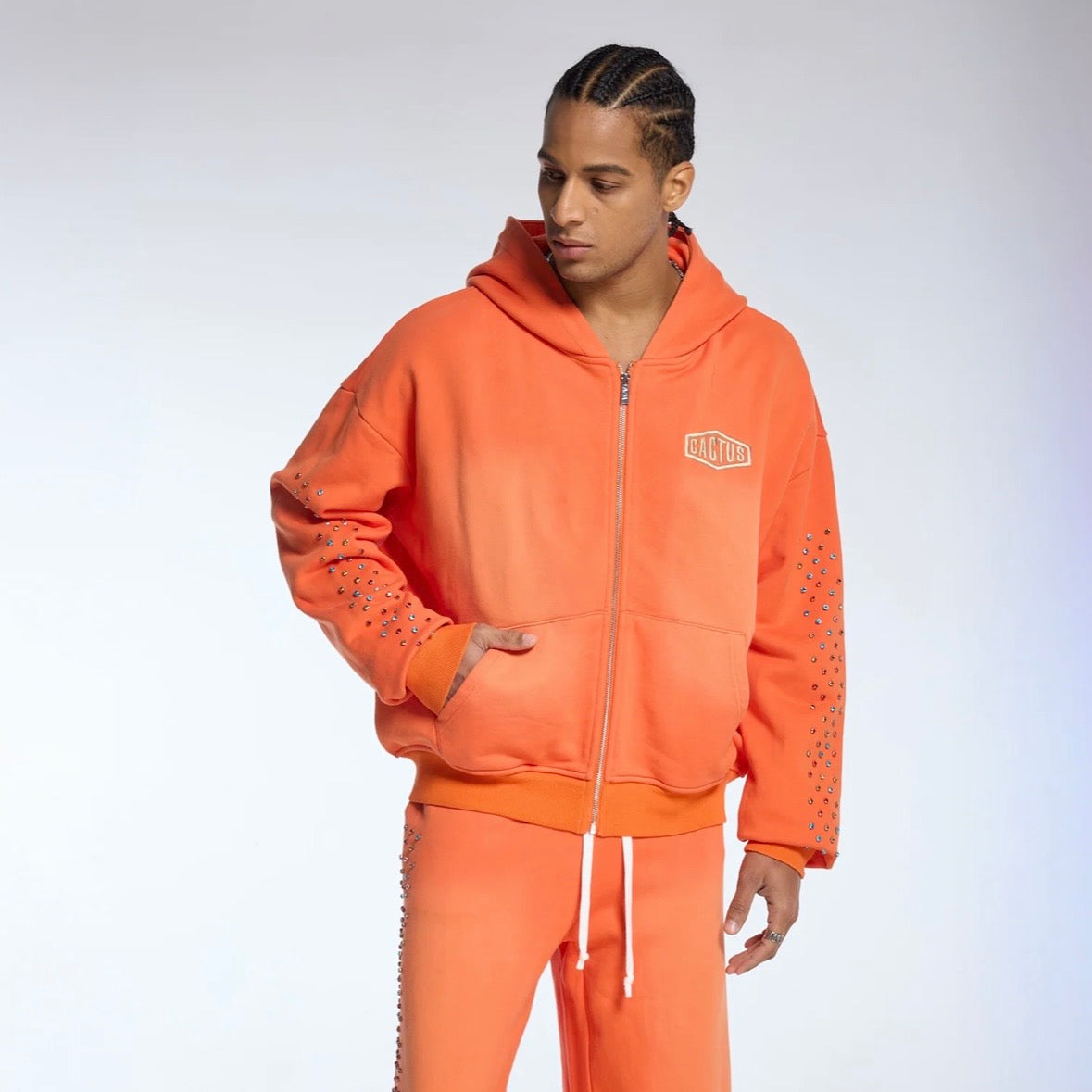 AZVA Orange Crystal Cactus Zip Hoodie