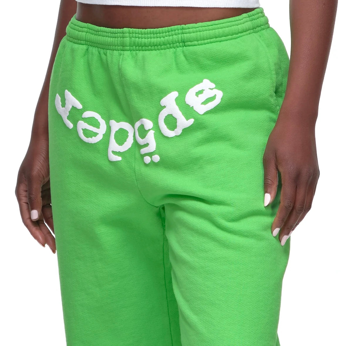 Sp5der Green White Legacy Sweatpants On Body Close Female