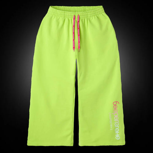GV Gallery Limon Sweatpants, front of the neon lime wide-leg sweats with hot pink drawstrings and a vertical leg print