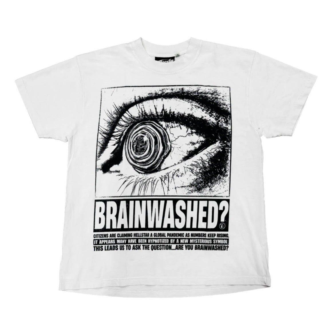 Hellstar White Brainwashed Tee front with a framed spiral eye panel and Brainwashed headline