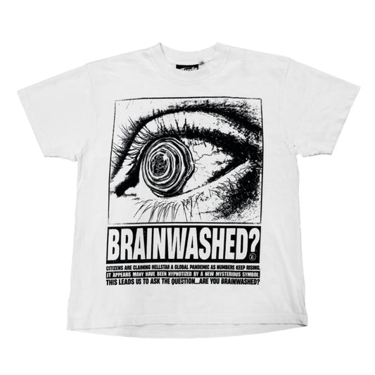 Hellstar White Brainwashed Tee front with a framed spiral eye panel and Brainwashed headline