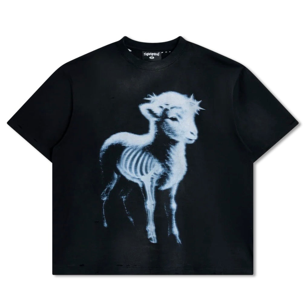 We Are Righteous Eternal Lamb T-Shirt front — black tee with an X-ray lamb graphic and spiked halo in white and blue