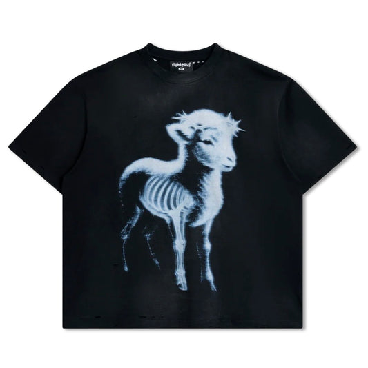 We Are Righteous Eternal Lamb T-Shirt front — black tee with an X-ray lamb graphic and spiked halo in white and blue