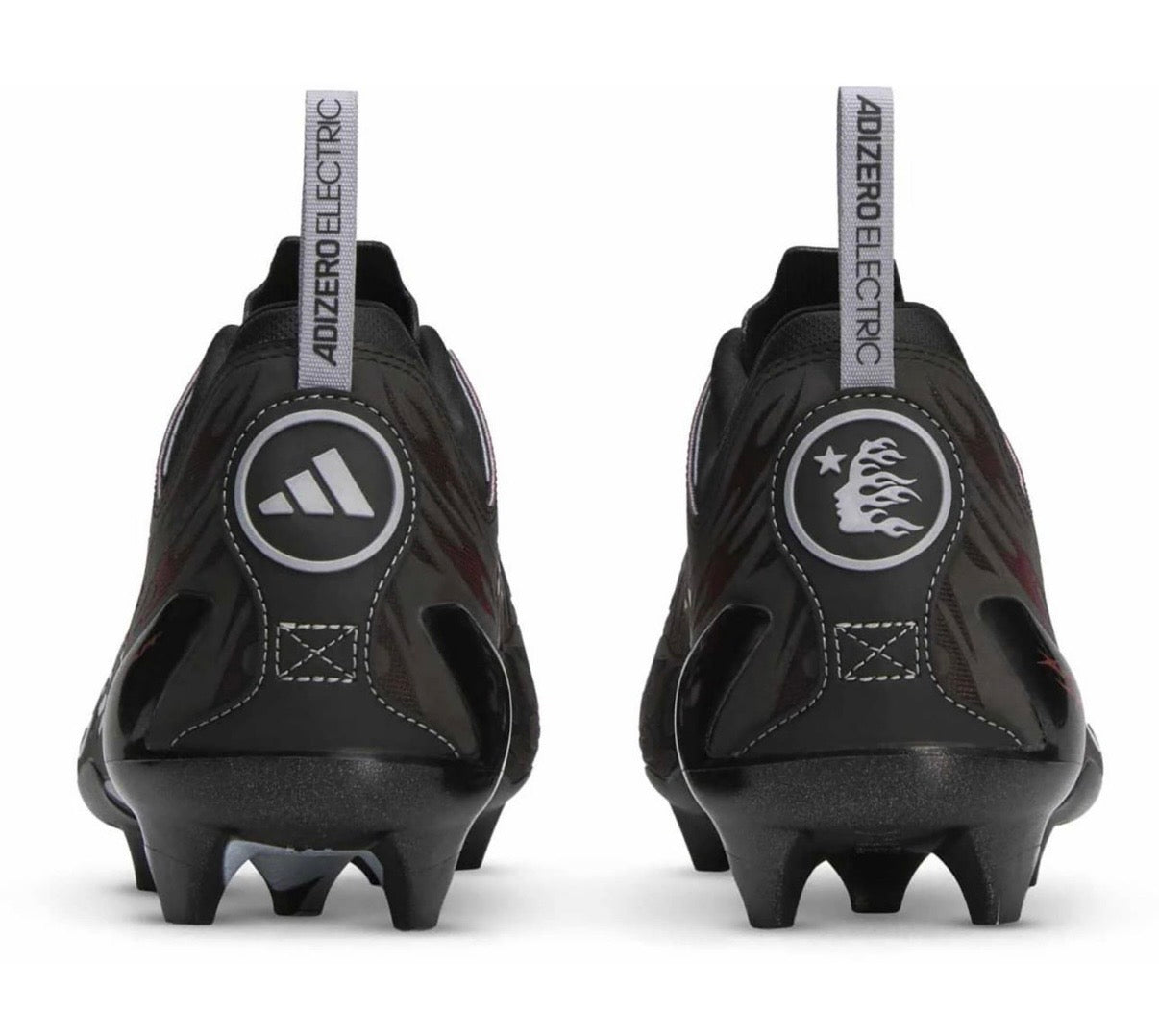 Hellstar Adidas Adizero Electric II Black Red White, back view of the pair, black heels with Adizero Electric tabs and black studs
