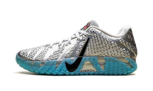 Metallic silver Nike Ja 3 low with black Swoosh and translucent aqua ZoomX outsole
