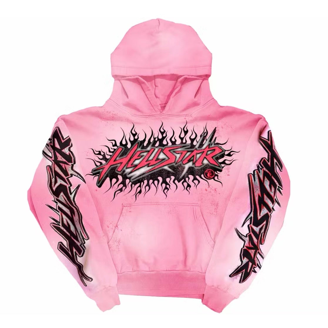 Hellstar Pink Brainwashed Hoodie front in bubblegum pink with a red wordmark and black flames