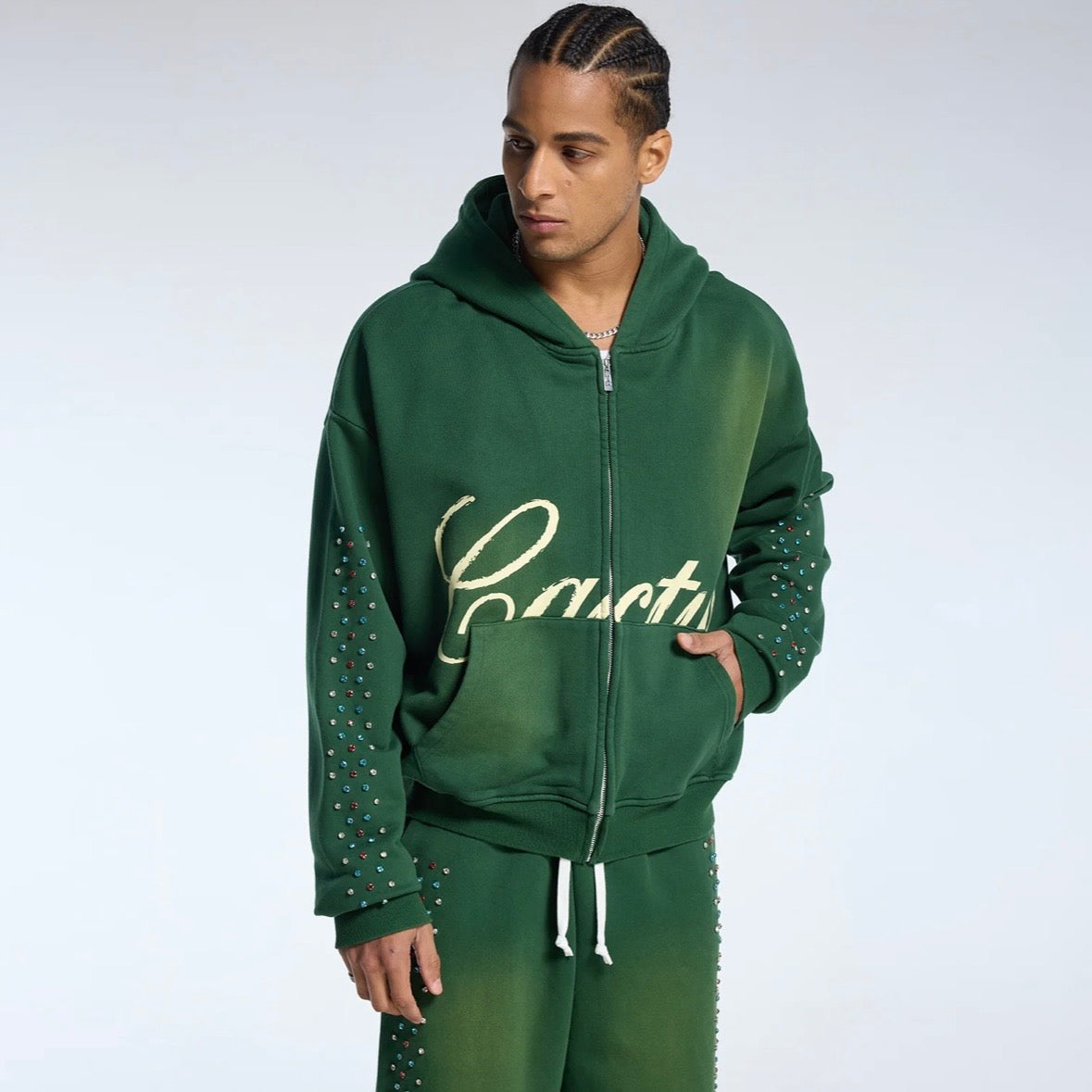 AZVA Green Hidden Crystal Zip Hoodie