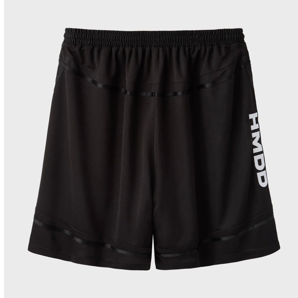 HMDD Black Mixtape Shorts, black mesh shorts with white HMDD printed vertically down one leg above a hem stripe