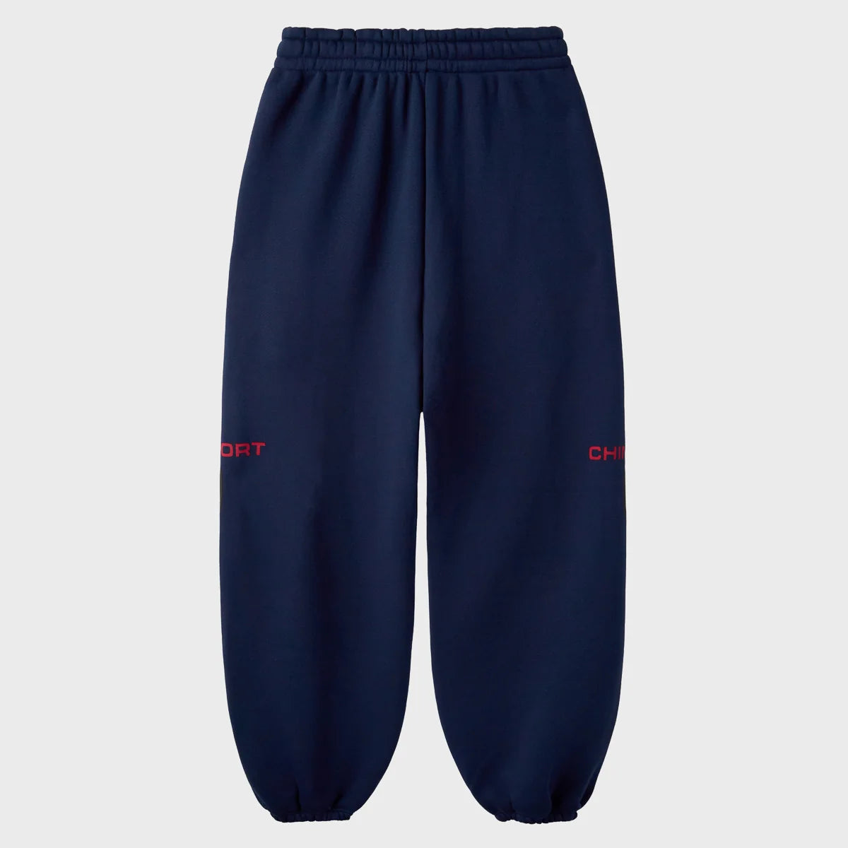 Back of the HMDD navy sweatpants with the leg prints wrapping to the sides